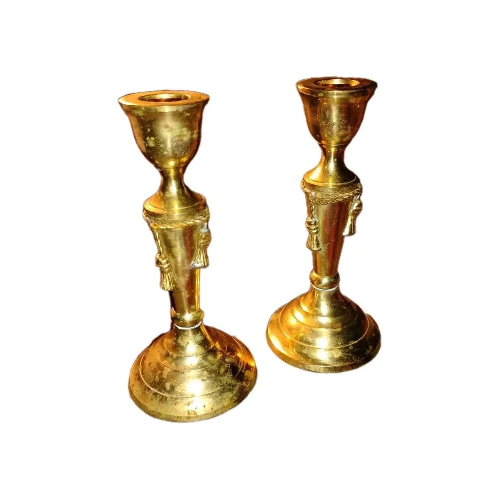 Vintage Brass Candle Sticks Solid Pair Braided Chain-rope tassel‎ decor 6-3/32